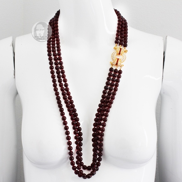 Nolan Miller Necklace Multistrand Red Glass Beads Rhinestones Clasp Vintage 80s - Picture 2 of 10